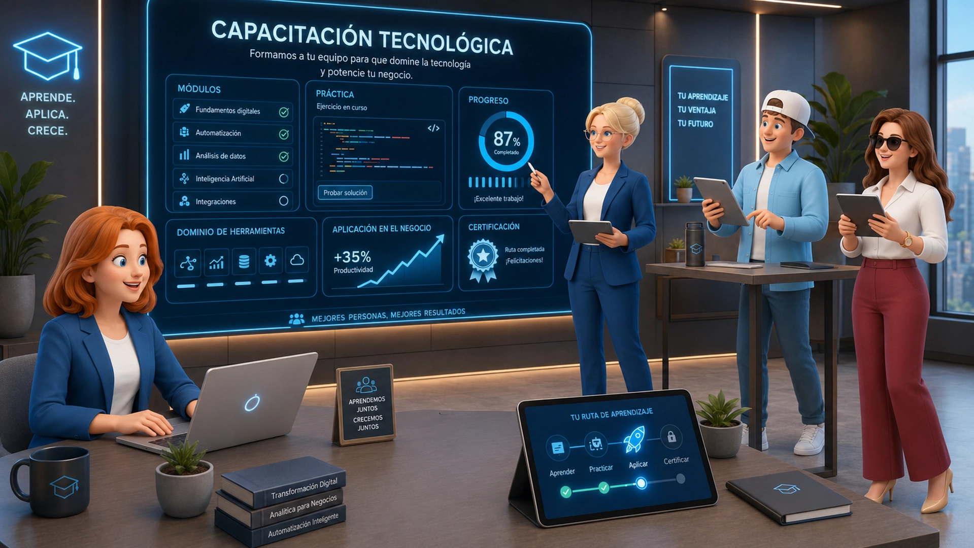 Tech training concept with a glowing graduation cap and floating learning screens, ice blue light, dark navy background, glassmorphism, 3D render