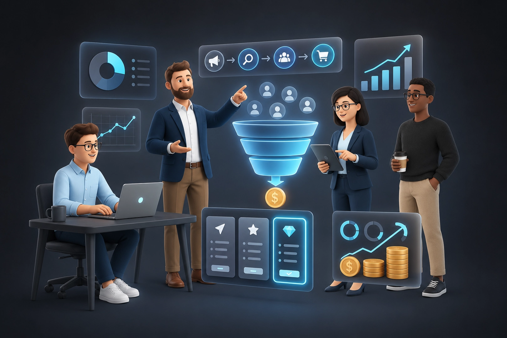 Go-to-market strategy concept with a rising glowing growth chart and a product launch rocket, ice blue accents, dark navy background, glassmorphism, 3D render
