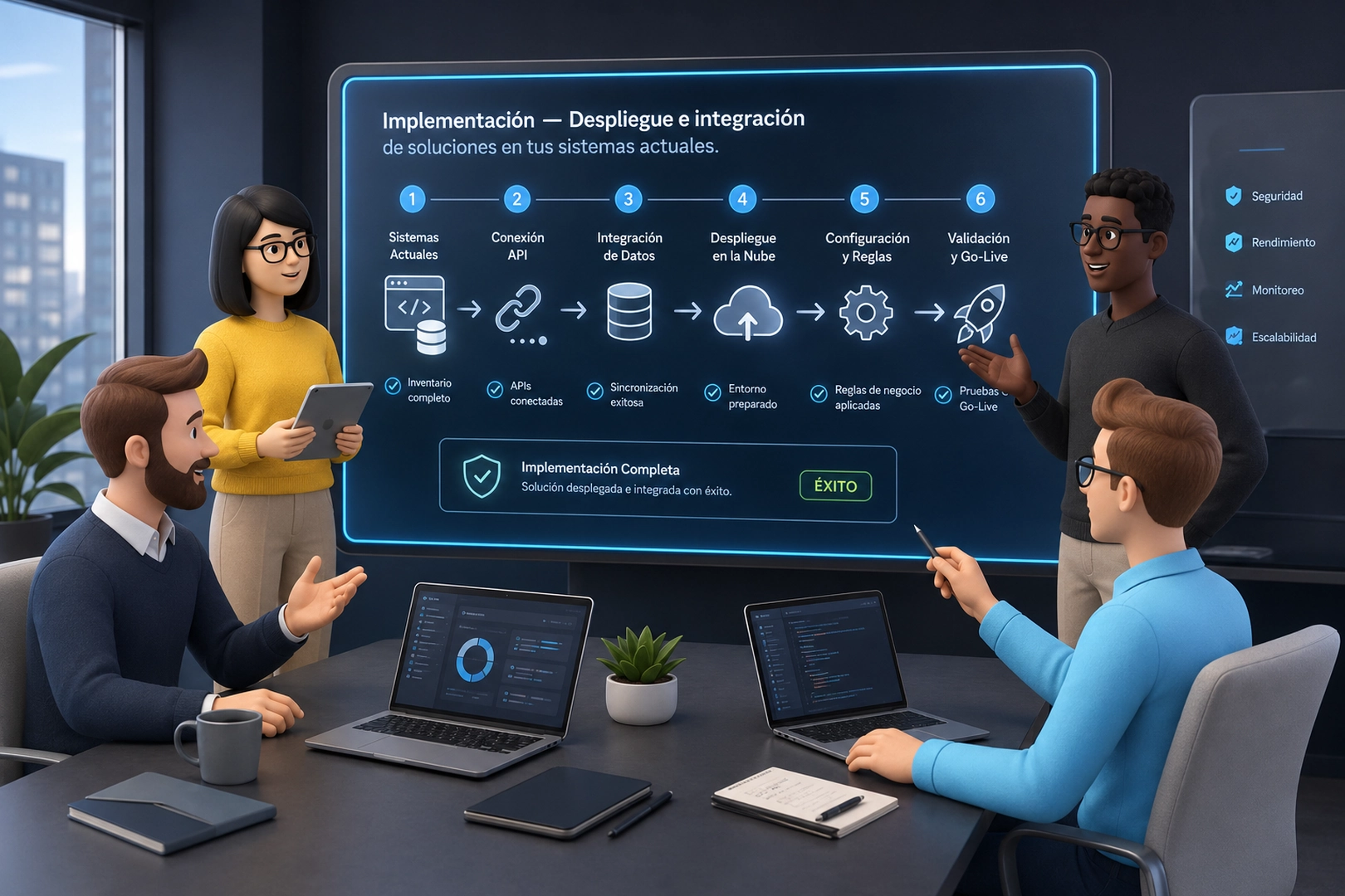Systems integration concept with glowing puzzle pieces and connected gears, ice blue light, dark navy background, glassmorphism, 3D render