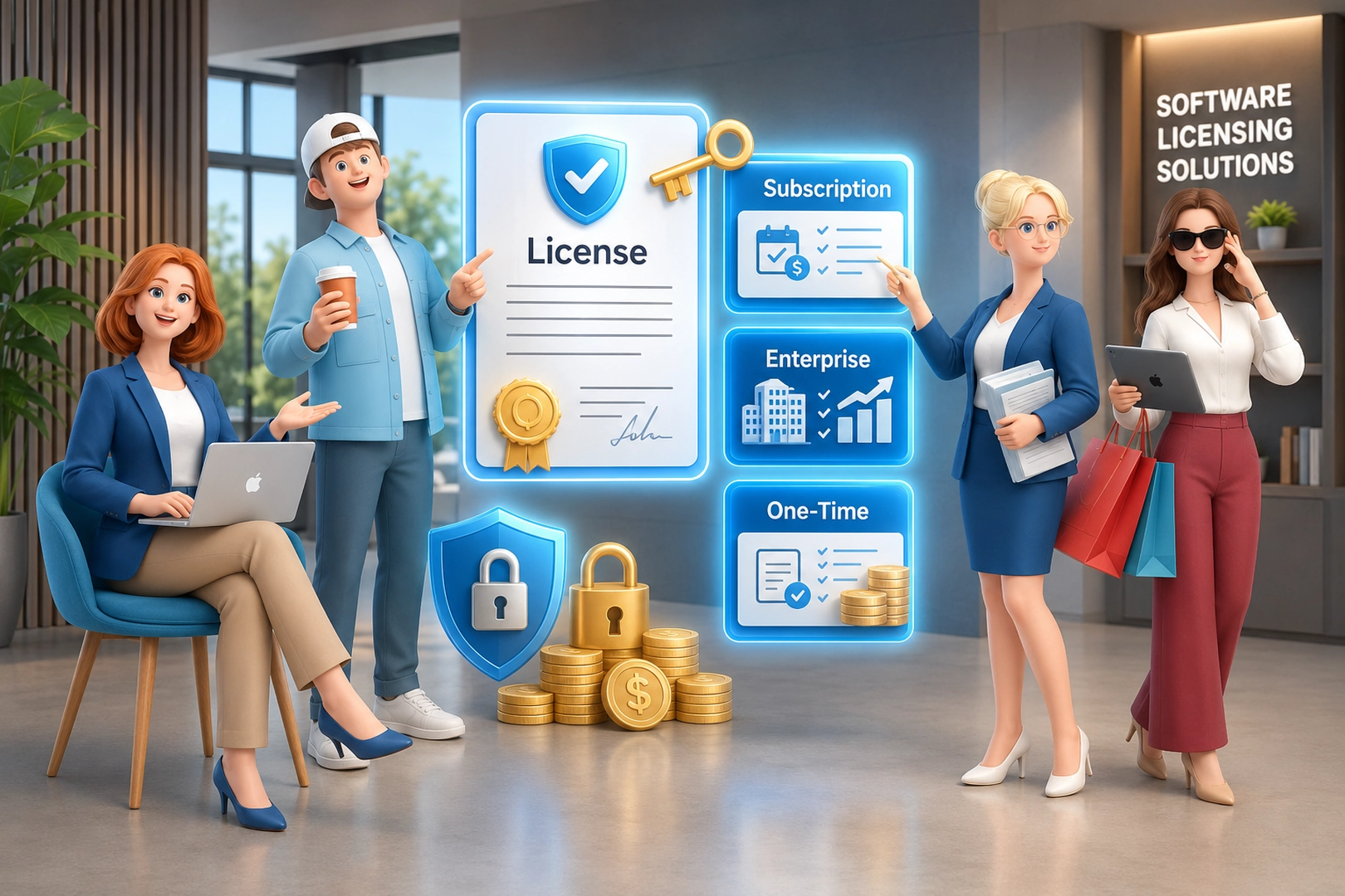 Software licensing concept with a glowing key and certificate documents, ice blue light, dark navy background, glassmorphism, 3D render