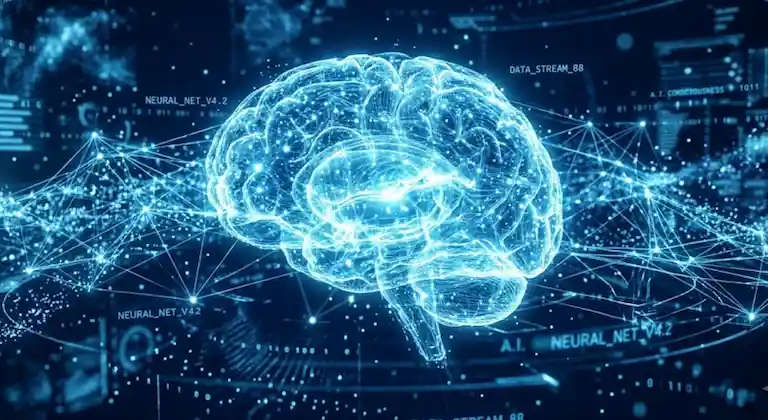 Abstract glowing neural network and AI brain made of ice blue light particles, dark navy background, futuristic technology, holographic data streams, detailed 3D render