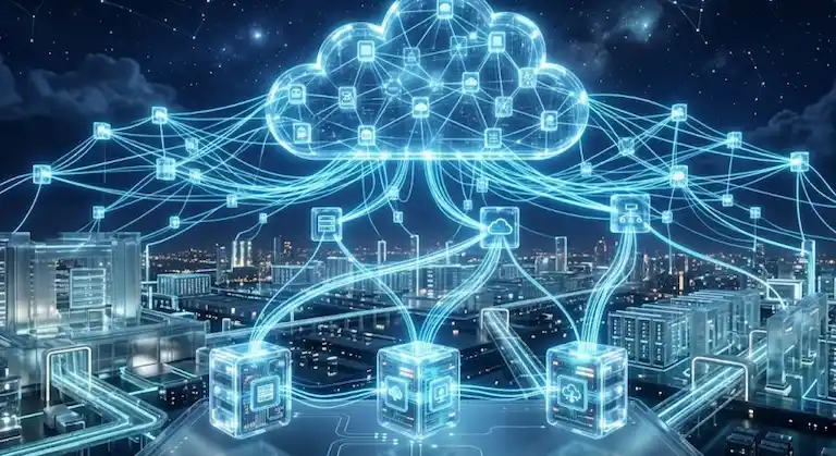 Cloud computing concept with floating glowing server nodes connected by ice blue light lines, dark navy sky, futuristic data center, glassmorphism, cinematic 3D render